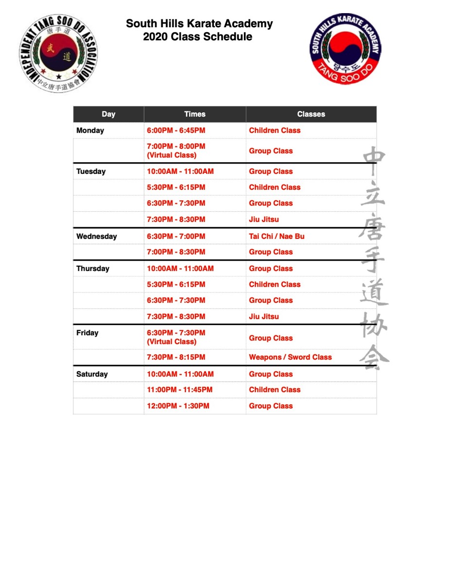 South Hills Karate Class Schedule